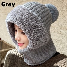 Femmes Pompom Balle Polaire Chapeau Doublé Cou Oreille Chaud Tricoté Cap Hiver