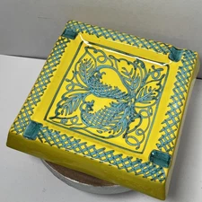 Stunning MCM Mid Century Yellow & Blue Italian Ceramic Square Cigar Ashtray 10”
