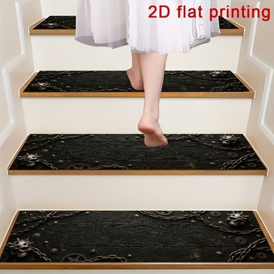 2D Flat Printed Black And Golden Vine Texture Stair Mats, Non-Slip Step Mats,