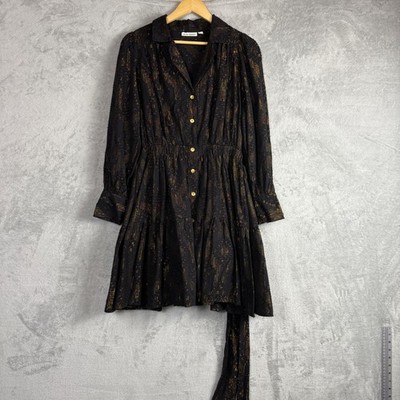 Roller Rabbit Dress Shirt Dress Small Black Gold Metallic Clip Dot Holiday Party