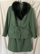 Vintage 1970s Canda Couture Pure Wool Skirt Suit Aqua Fur Collar Belted Sz 10/12