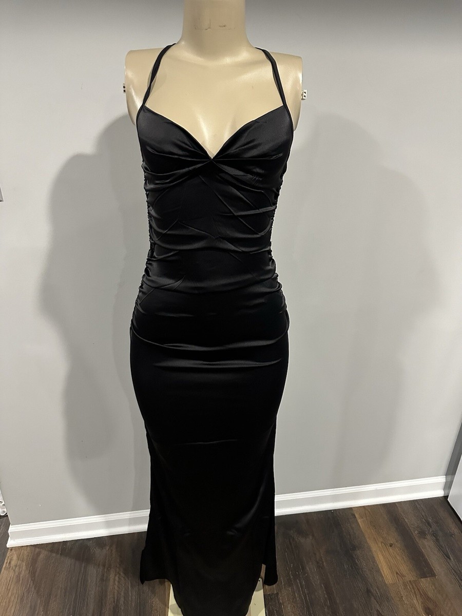 Dress Size medium Women Black Satin Formal Body Con Maxi Dress Long Lace Up  New