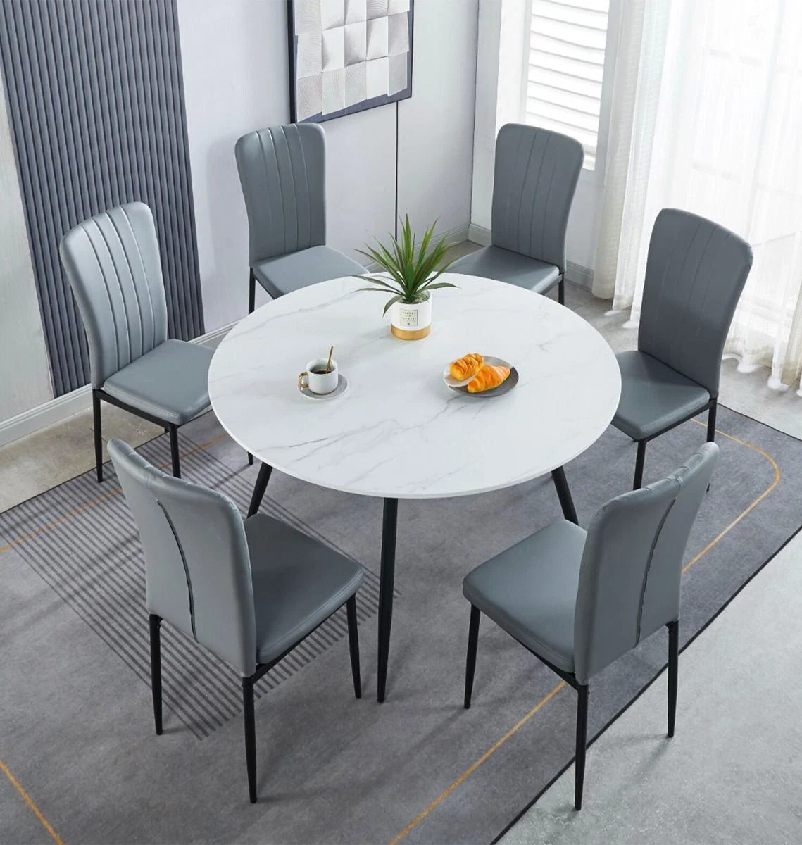 Large Round Dining Table 120cm with 6 Light Grey Faux Leather Chairs