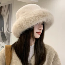 Women Winter Warm Hat Soft Fluffy Faux Fur Bucket Hat Fashion Ladies Hat Cap Ski