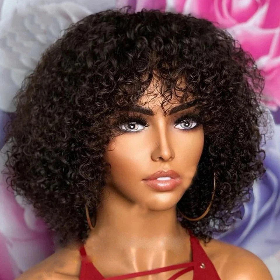 Brazilian 100% Human Hair Wig Kinky Curly Wigs With Bangs None Lace Full Head - Image 2 of 4
