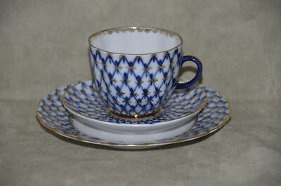 Lomonosov Porzellan - Kaffeegedeck - Kobaltnetz - 3teilig - UDSSR -Vintage