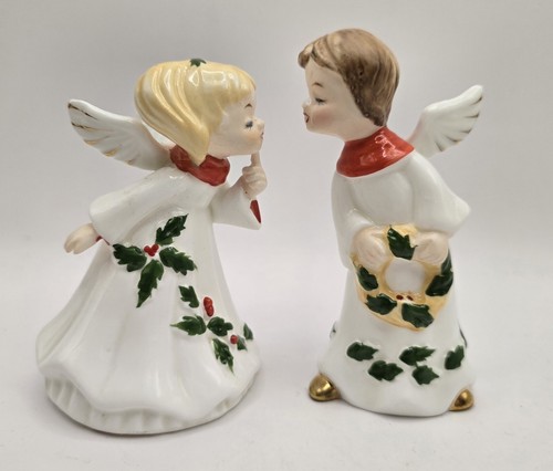 Enesco Kissing Angels Holly Wreath 4.25" Vintage Christmas Set of 2 Boy Girl - Picture 6 of 9