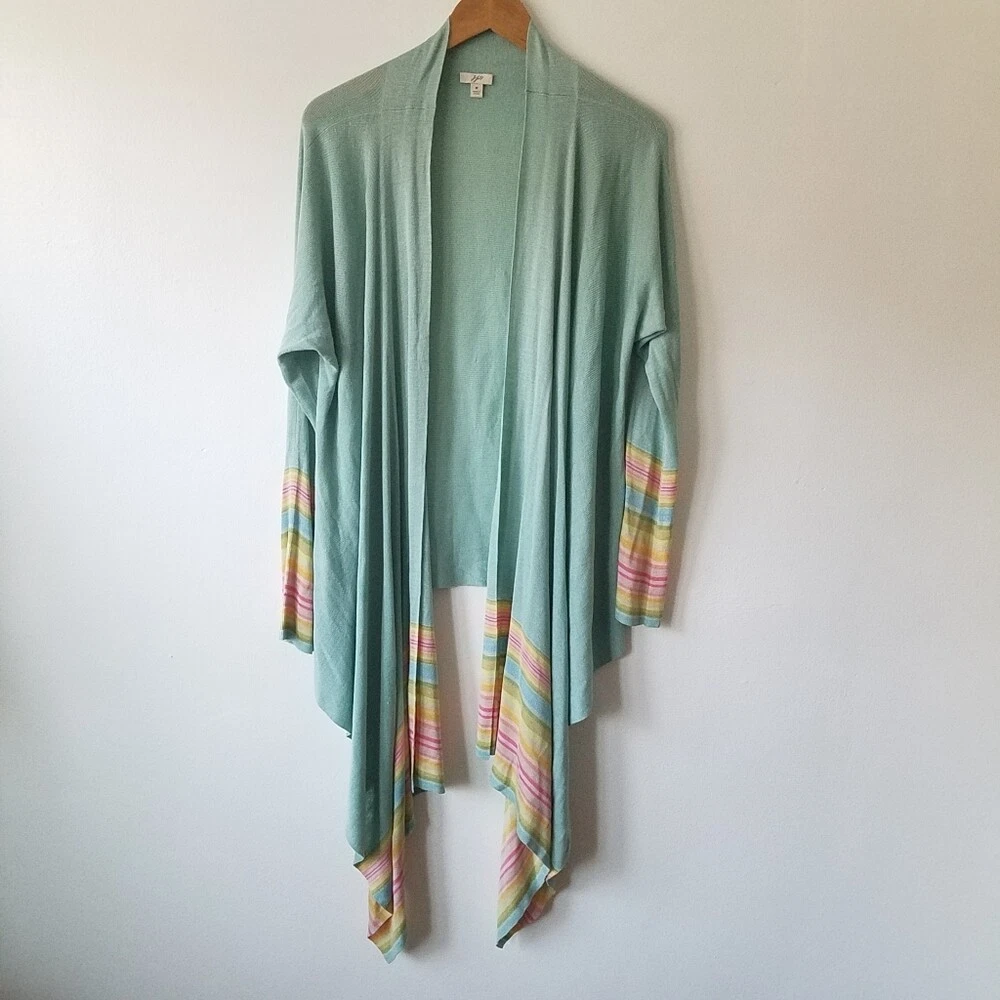 J.Jill 100 Silk Open Front Longsleeve Green Striped Cardigan