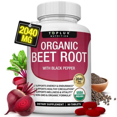 Toplux Organic Beet Root 2040mg, Nitric Oxide Boost Supplement Tablets