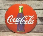 Vintage Coca Cola Porcelain Enamel Metal Coke Soda Bottle Domed Button Sign