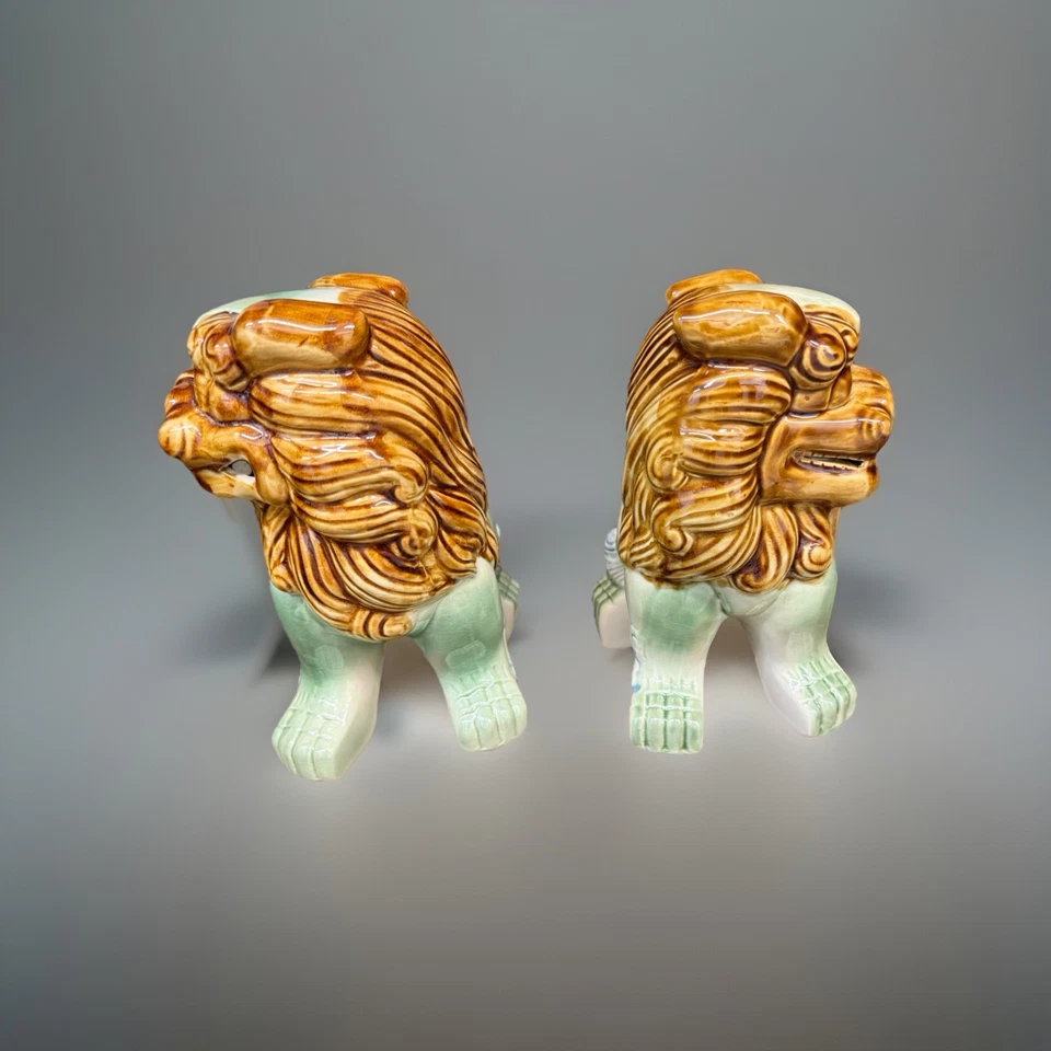 Vintage Chinese Porcelain Foo Dog Lions Statue Pair Green Budhist Guardian - Image 4 of 4