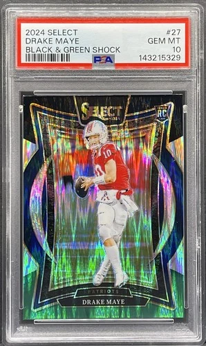 2024 Panini Select Drake Maye Black & Green Shock Prizm Rookie RC #27 PSA 10 GEM