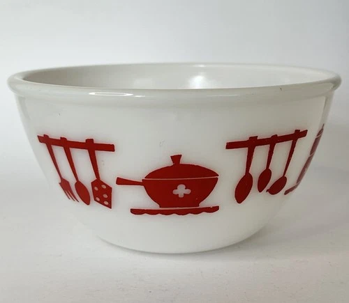 Vintage Hazel Atlas 50’s Kitchen Aids Utensils Red Milk Glass Mixing Bowl 7”