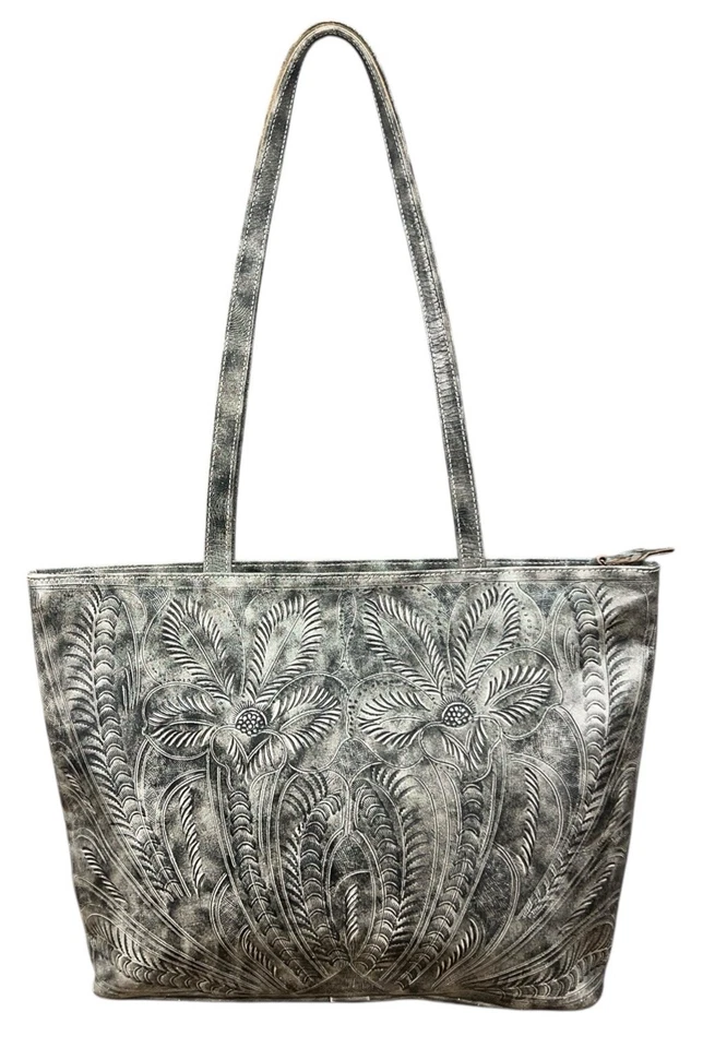 Leaders in Leather Tooled Gray Tote Shoulder Bag Western Boho Cowgirl Rodeo - Image 2 of 4