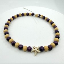 Purple Natural Wood Bead Starfish Necklace Coastal Beach Boho Statement Gift