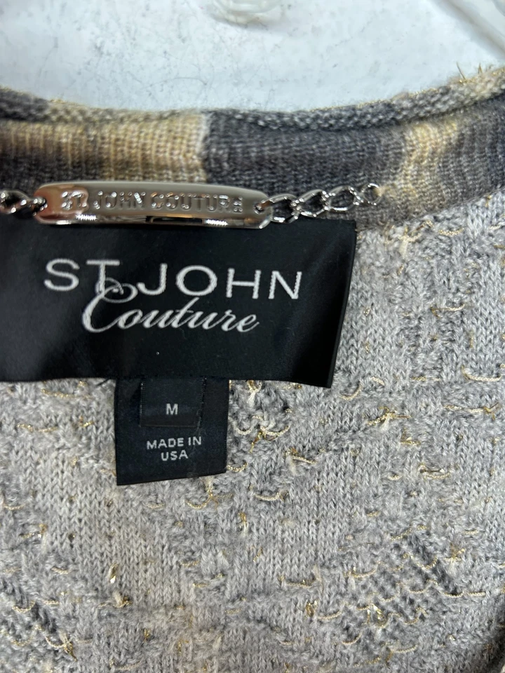 St John Couture Damas Cárdigan Suéter Medio Gris Marrón Dorado Animal Metálico Foto 2 de 4