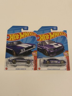 Hot Wheels Then and Now Charger Hellcat & Charger 500 1:64 Purple White Diecast