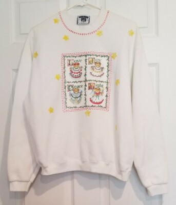 Vintage 1990's White Hand Painted Christmas Teddy Bear Sweatshirt Women's Size L