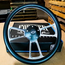 14" Billet Muscle Steering Wheel w/ Black Leather Wrap, Chevy Horn & Adapter