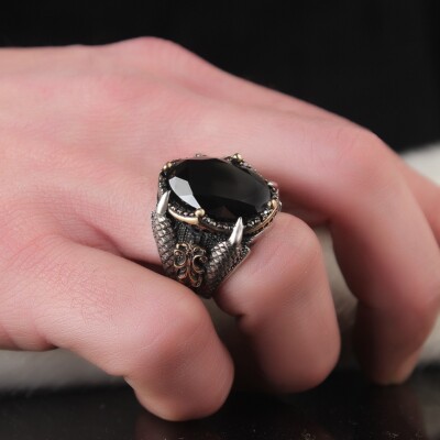 Männer Silber Oval Schwarz Stein Ring, Silber Schwarz Zirkon