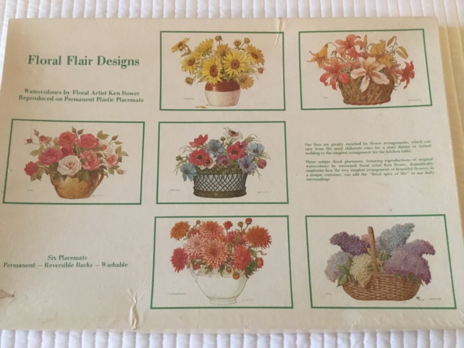 Floral Flair Designs VINTAGE Ken Bower LILIES Plastic Coated Placemats  SET of 6