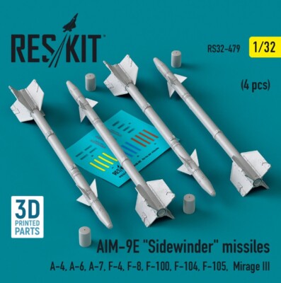 Reskit RS32-0479 1:32 AIM-9E ''Sidewinder'' missiles (4 pcs) A4 A6 A7 F4 F8 F100