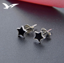Tiny 5mm Black Enamel Simple Star Stud 925 Sterling Silver Earrings Gift F32
