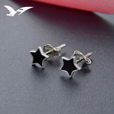 Tiny 5mm Black Enamel Simple Star Stud 925 Sterling Silver Earrings Gift F32