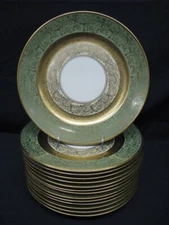 14 Vtg 11" Chargers Dinner Plates Gold Encrusted Green Borders Gilt Rim; Bavaria