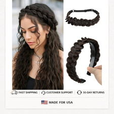 2PC Braided Headbands for Women - Elastic Stretch Hair Hoops, Dark Brown Hair Ac
