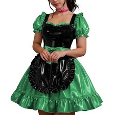 Shiny PVC French Dress Women Vinyl Mini Skirt Sweetheart Party Maid Cross Dress