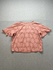 LOFT Blouse Womens Medium Pink Floral Textured Short Sleeve Ruffle Neck Top