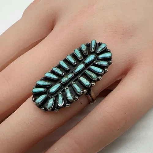 VTG Zuni Sterling Silver Turquoise Petit Point Cluster Sz-5.5 Ring 7.4g #yhl