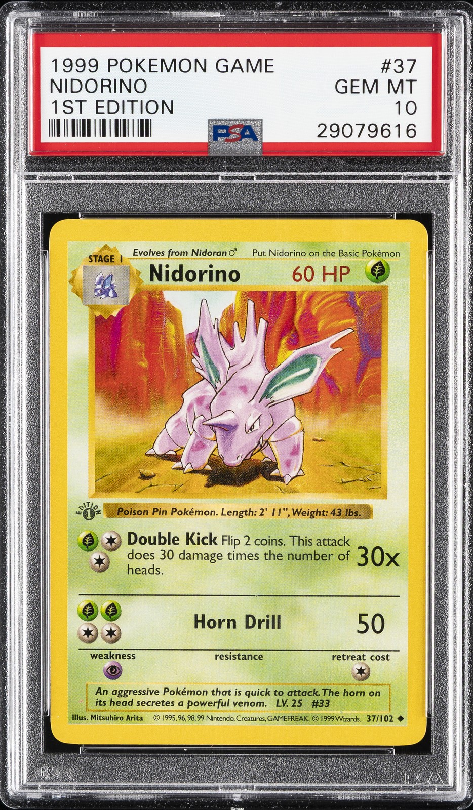 1999 POKEMON BASE SET 1ST EDITION #37 NIDORINO PSA 10