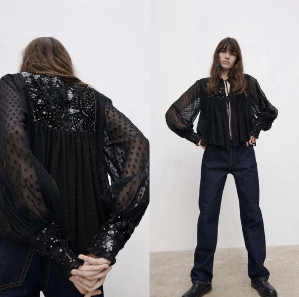 Blusa Babydoll Zara Borlas Lentejuelas Negra Transparente Adornada Talla XS Foto 2 de 4