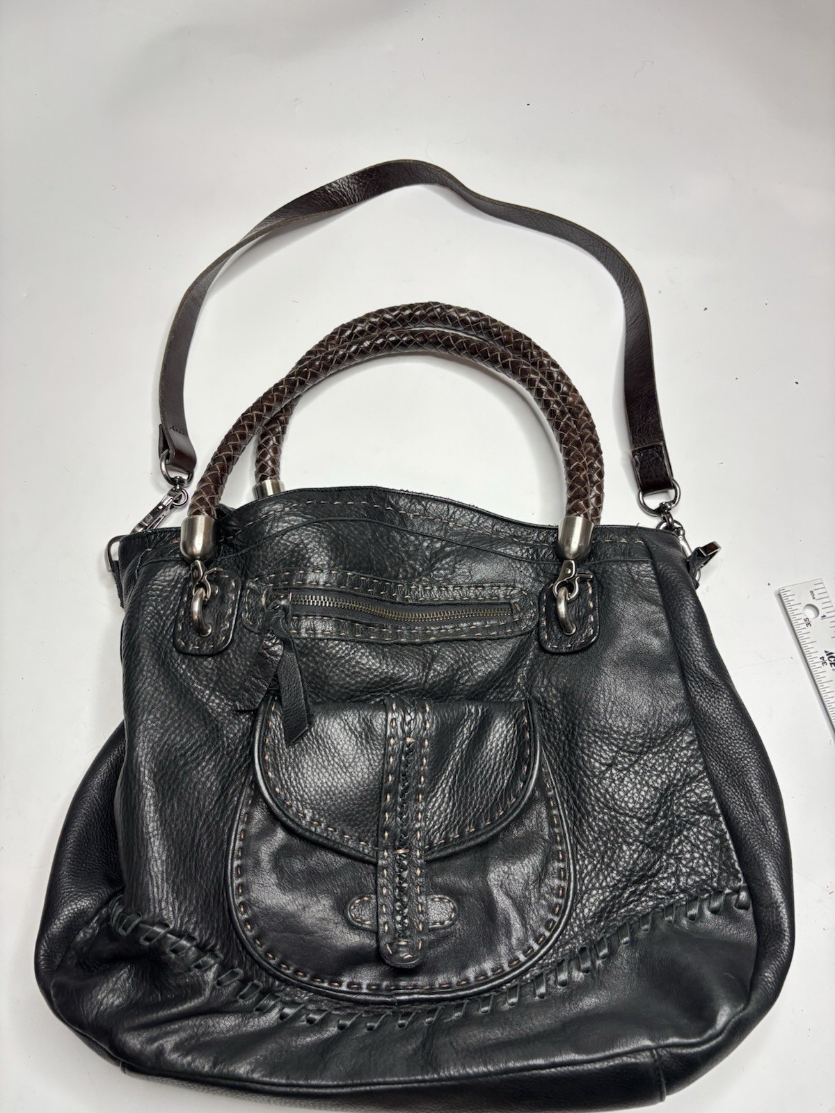 Carla Mancini Boho Western Black Woven Calf Skin Leather Slouchy Shoulder Bag