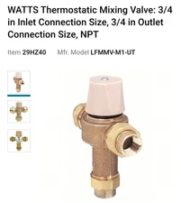 WATTS 3/4 LFMMVM1-UT THERMOSTATIC TEMPERING MIXING VALVE BRASS 