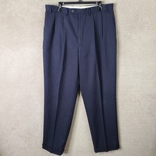 Chaps Pants Mens 38x34 (36x34) Blue Striped Pleated Wool Dress Trousers Cuffed