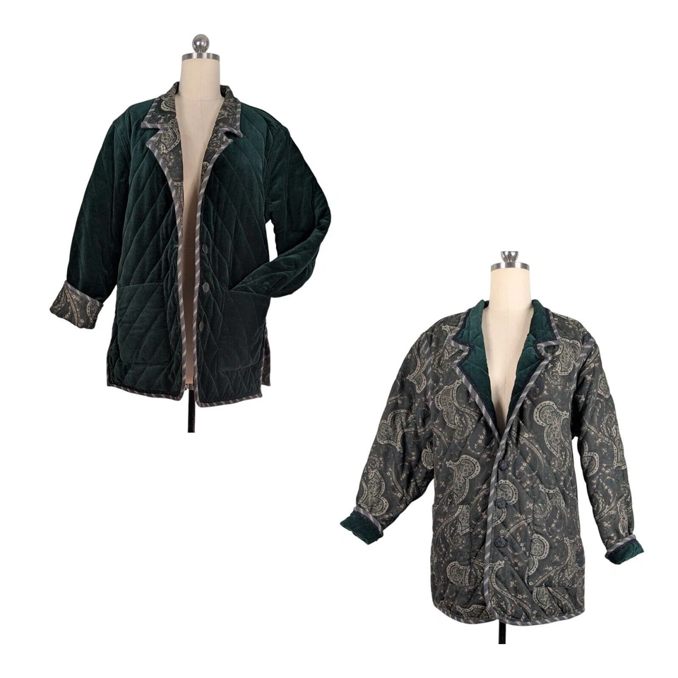 Velvet Reversible Jacket Womens L Green Tapestry Quilted 90s Y2K Vtg Whimsigoth - Image 2 of 4