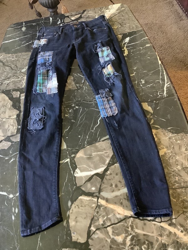 Mother The Looker Limited Edition Plaid PatchWork Jeans  Coffee Tea Dark Wash 26