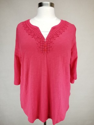 CATHERINES CORAL PINK W/ CROCHET LACE NECK 3/4 SLEEVE COTTON TOP Sz 1X 18/20W