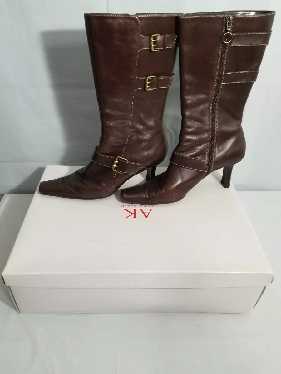 AK Anne Klein IFlex Boots Dark Brown Leather High Heel Womens Size