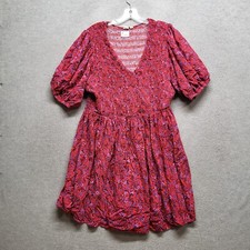 Gap Women Dress 2XL Red Floral Mini A Line Smocked Puff Sleeve V Neck Pullover