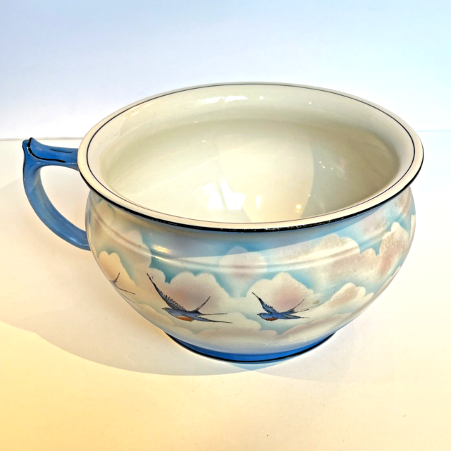 Vintage Porcelain Chamber Pot Palissy Large Bowl Sky Blue Birds England Gift