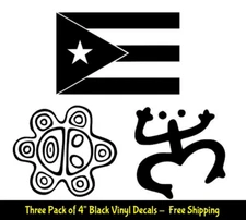 Sol Taino Coqui Taino Puerto Rico Flag Three 4" Black vinyl decals Car Laptop
