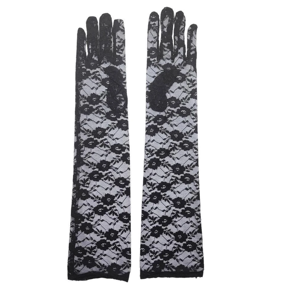 Guantes de Encaje Negros Hasta el Codo Floral Transparente Elástico Vestir Fiesta Disfraz 1173 Foto 2 de 4