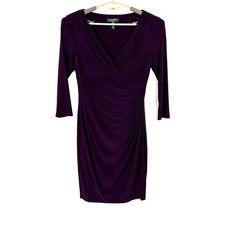 Lauren Ralph Lauren Purple Ruched Faux Wrap Dress 10 Knee Length