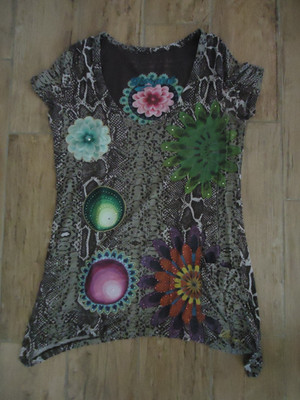 DESIGUAL  T-Shirt Tunika Longshirt  bunt bedruckt mit Glitzersteinchen Gr. M