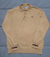 Fred Perry 100% Wool Knit Polo Jumper Beige Size 40 Fits Small