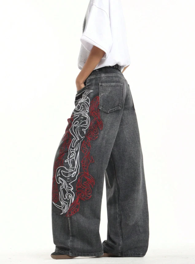 🔥 EXTREME Baggy Wide Leg Jeans Grau - Y2K Streetwear Jeans Hose mit Rot - Bild 2 von 4